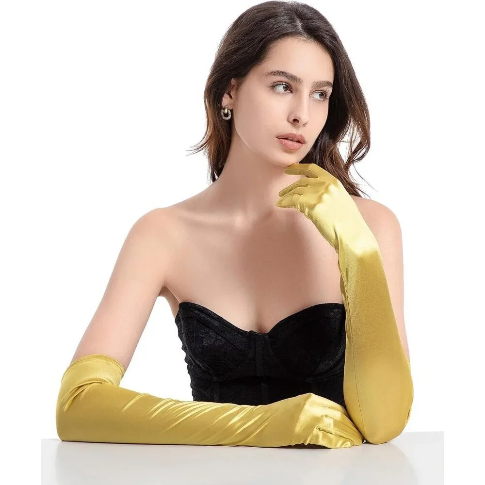 Women's Evening Gold Long Satin Gloves Elbow Length Formal Party Prom Wear